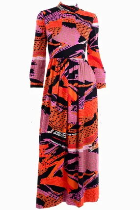 1970s Vintage Dynasty Abstract Print Maxi Dress in Multi Colored Knit