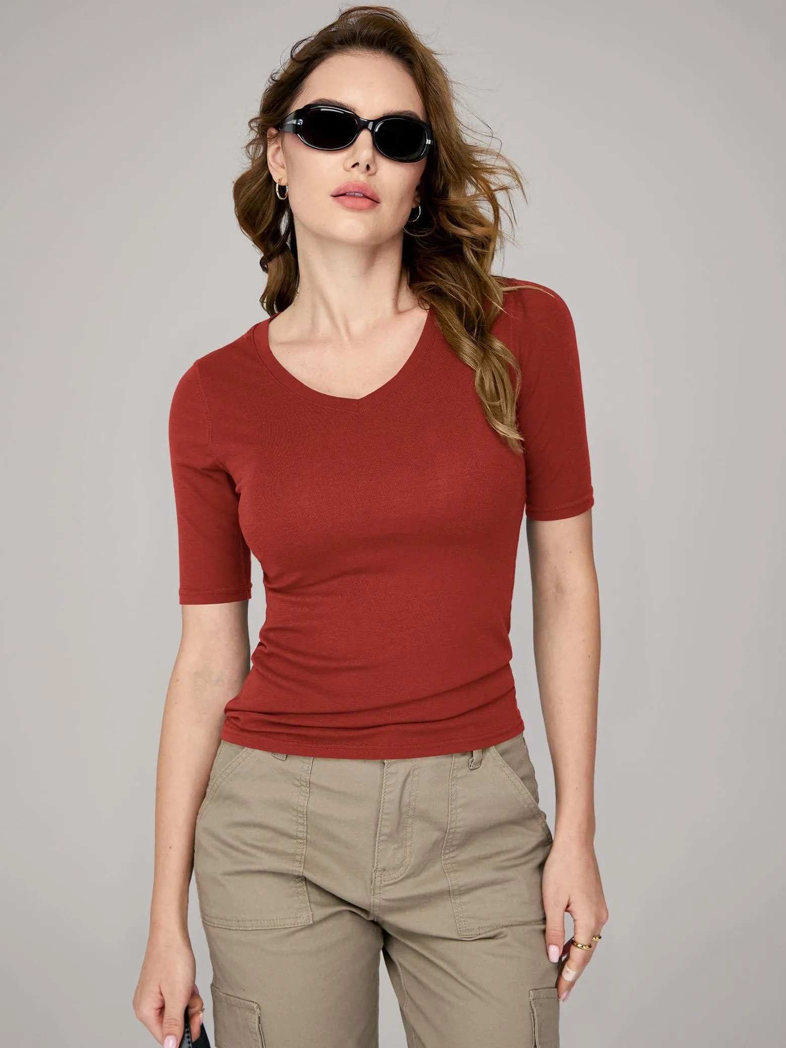 Amoretu Women's V Neck Ribbed Fitted Tunic Tops