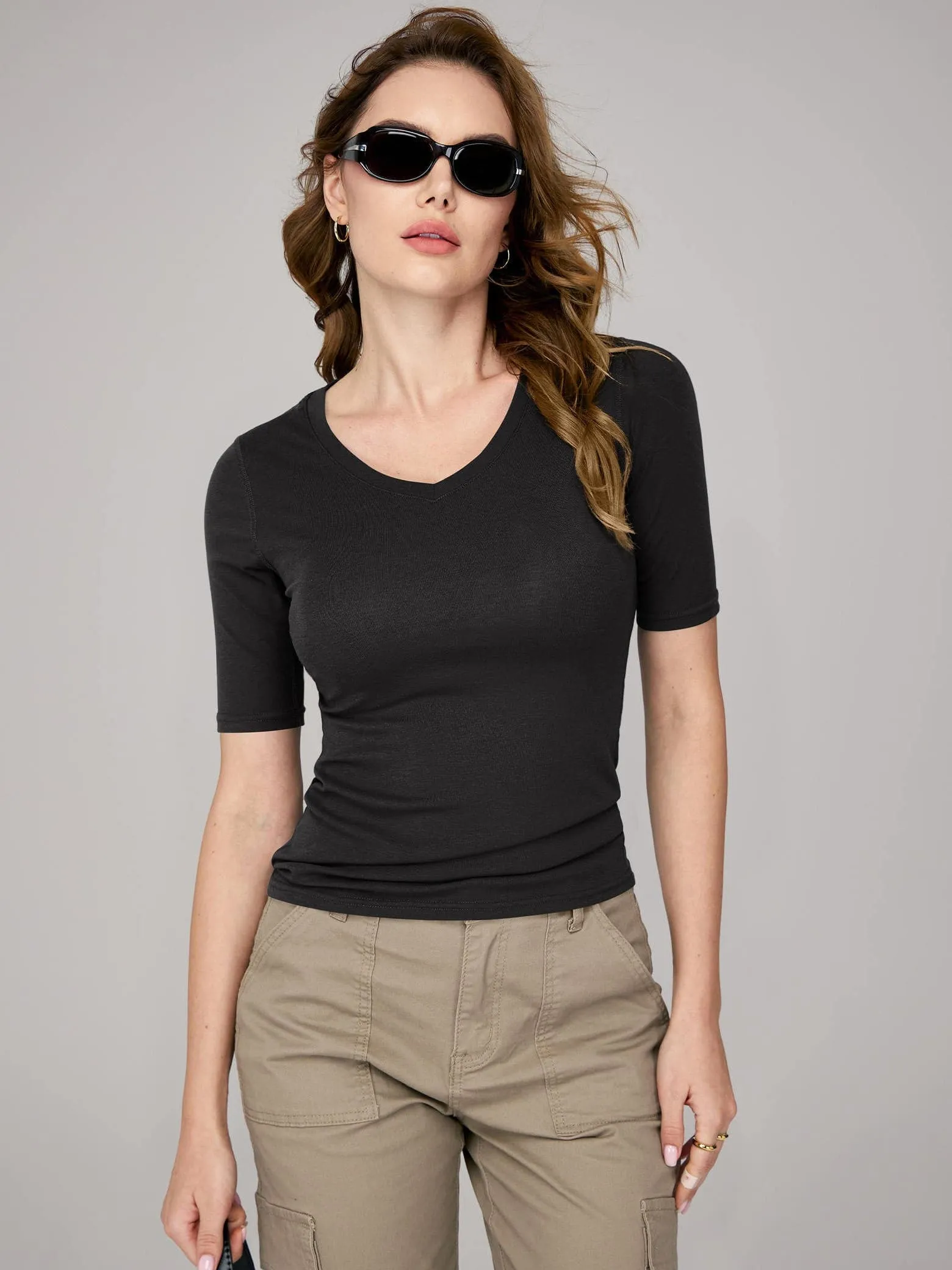 Amoretu Women's V Neck Ribbed Fitted Tunic Tops