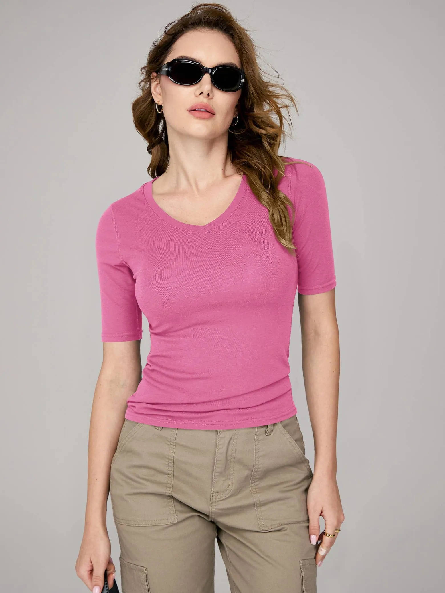 Amoretu Women's V Neck Ribbed Fitted Tunic Tops