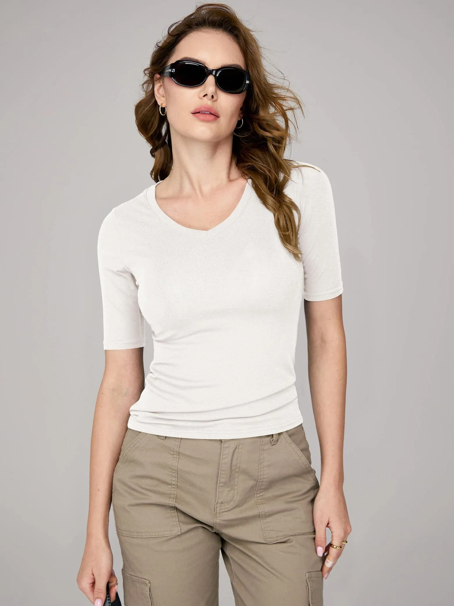 Amoretu Women's V Neck Ribbed Fitted Tunic Tops