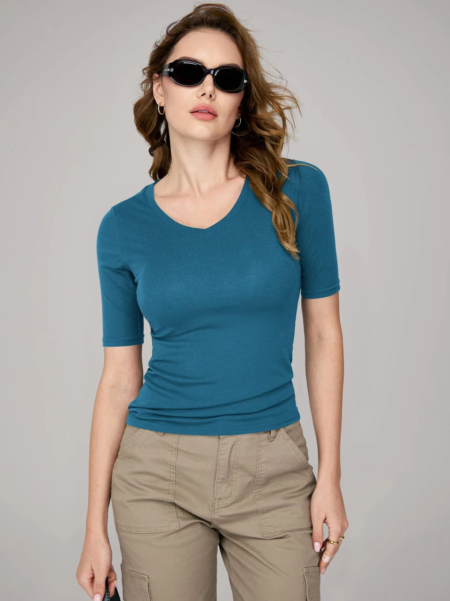 Amoretu Women's V Neck Ribbed Fitted Tunic Tops