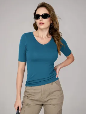 Amoretu Women's V Neck Ribbed Fitted Tunic Tops