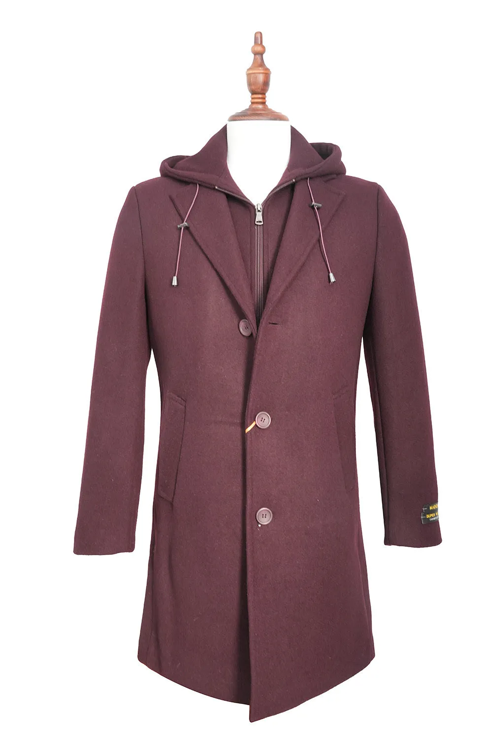 Burgundy Wool Slim Fit Top Coat with Hoodie