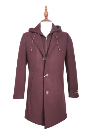Burgundy Wool Slim Fit Top Coat with Hoodie