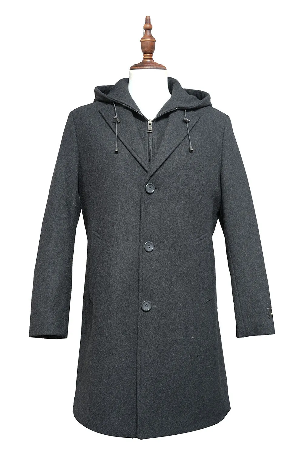 Charcoal Wool Slim Fit Top Coat with Hoodie