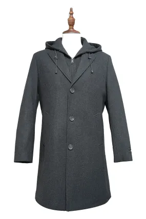 Charcoal Wool Slim Fit Top Coat with Hoodie