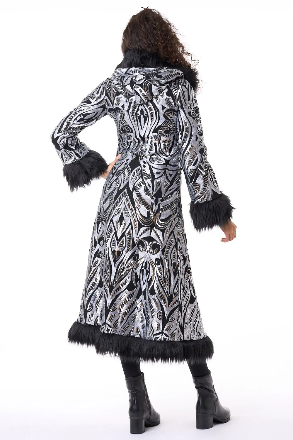 Deluxe Tamo Coat: Silver Phoenix Sequin   Black Faux Fur Trim