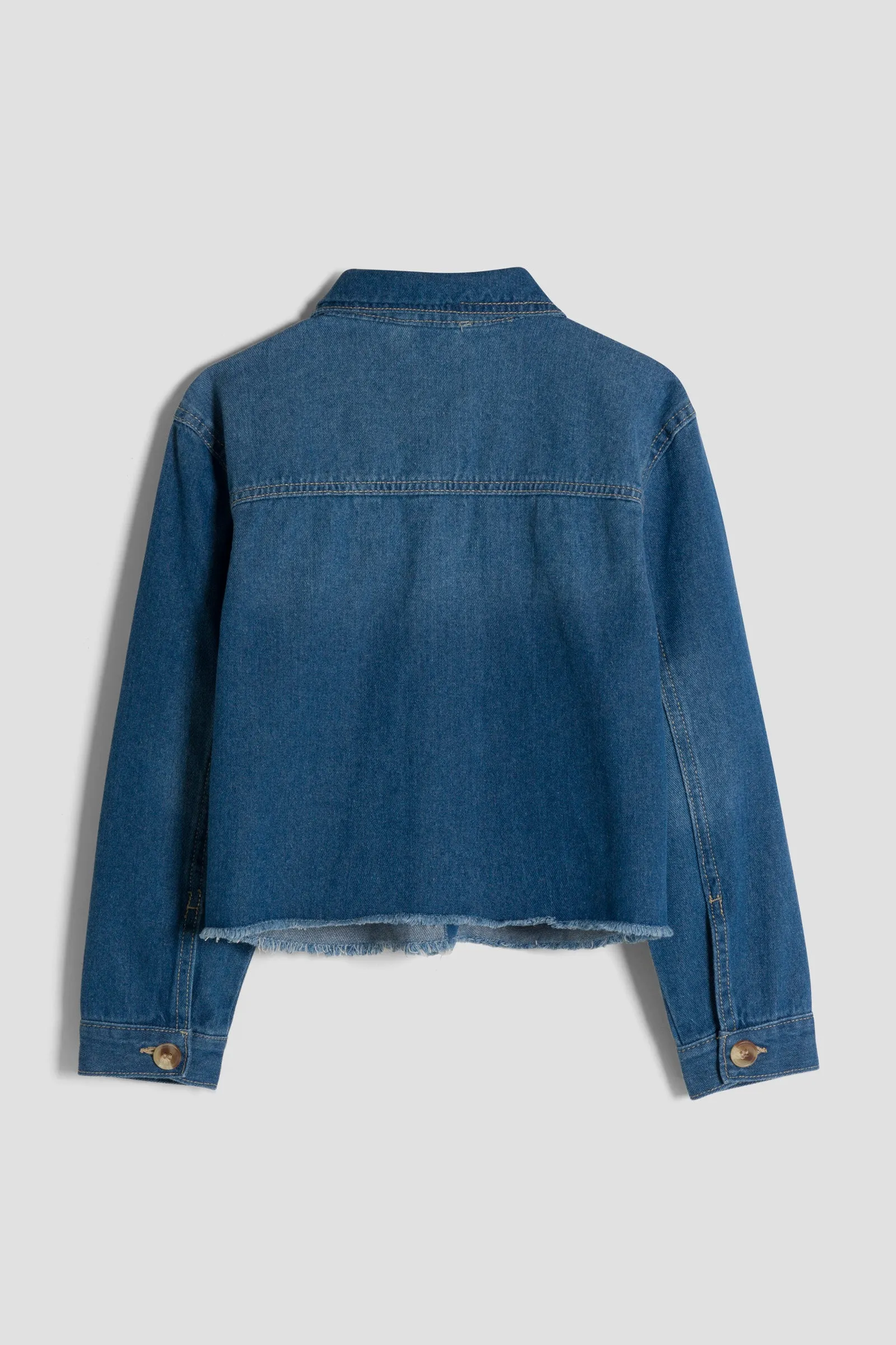 Girls Patch Pocket Oversized Denim Jacket With Fray Hem