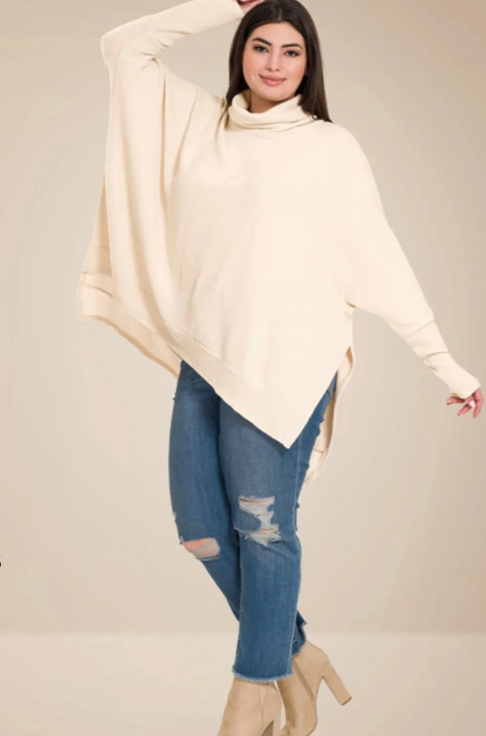 Plus Size Melange Cowl Neck Poncho Sweater