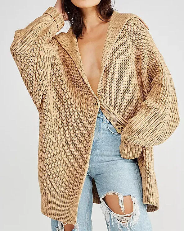 Solid Color Lapel Pocket Knit Cardigan Button Up Mid Length Overcoat