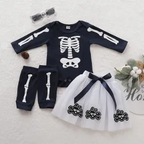 Toddler Girls Halloween Solid Color Long Sleeve Skull Print Dress