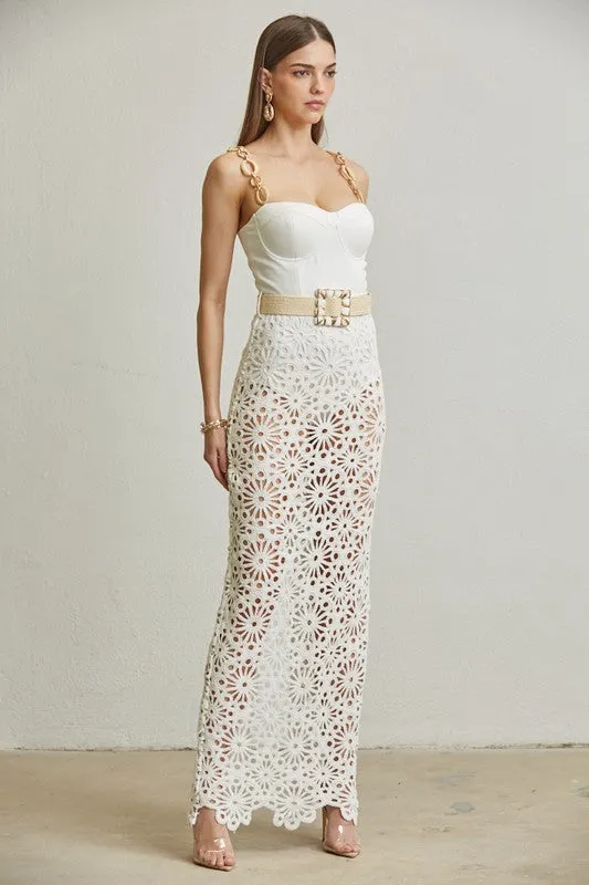 White Crochet Knit Pattern Maxi Dress