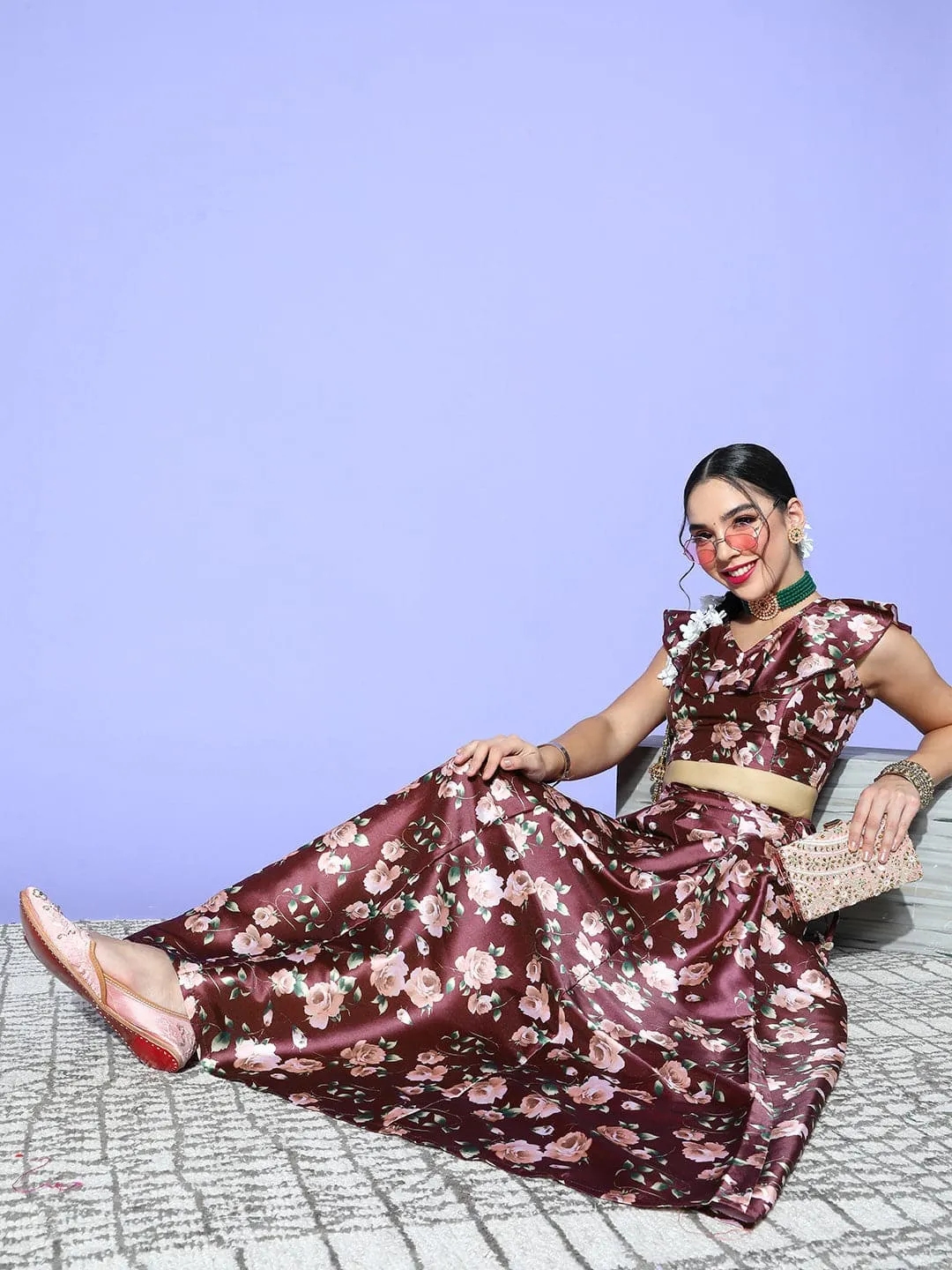Women Burgundy Floral Anarkali Skirt